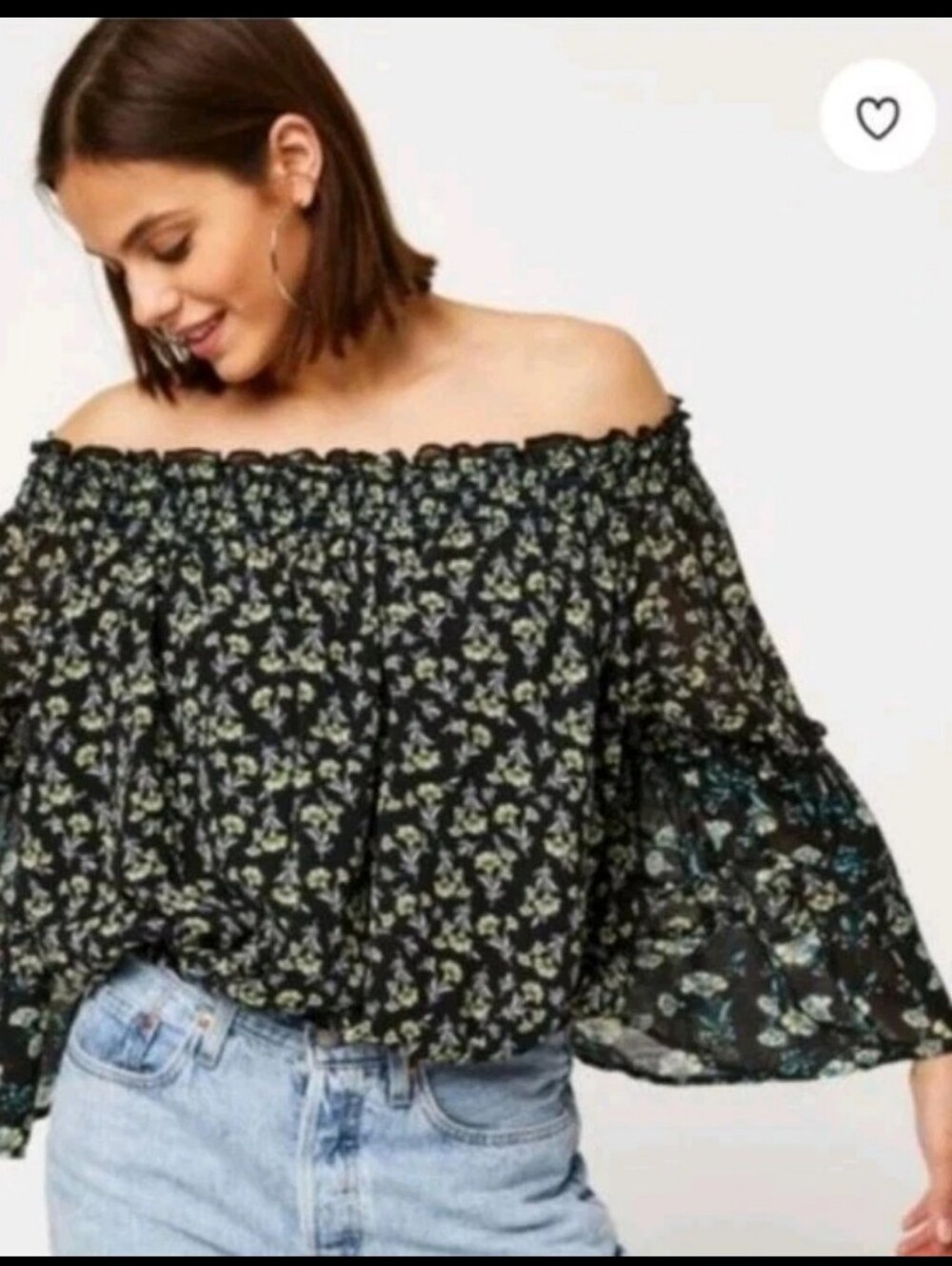 Free People Off Shoulder Top Rose Valley Floral Boho Blouse Black Size M